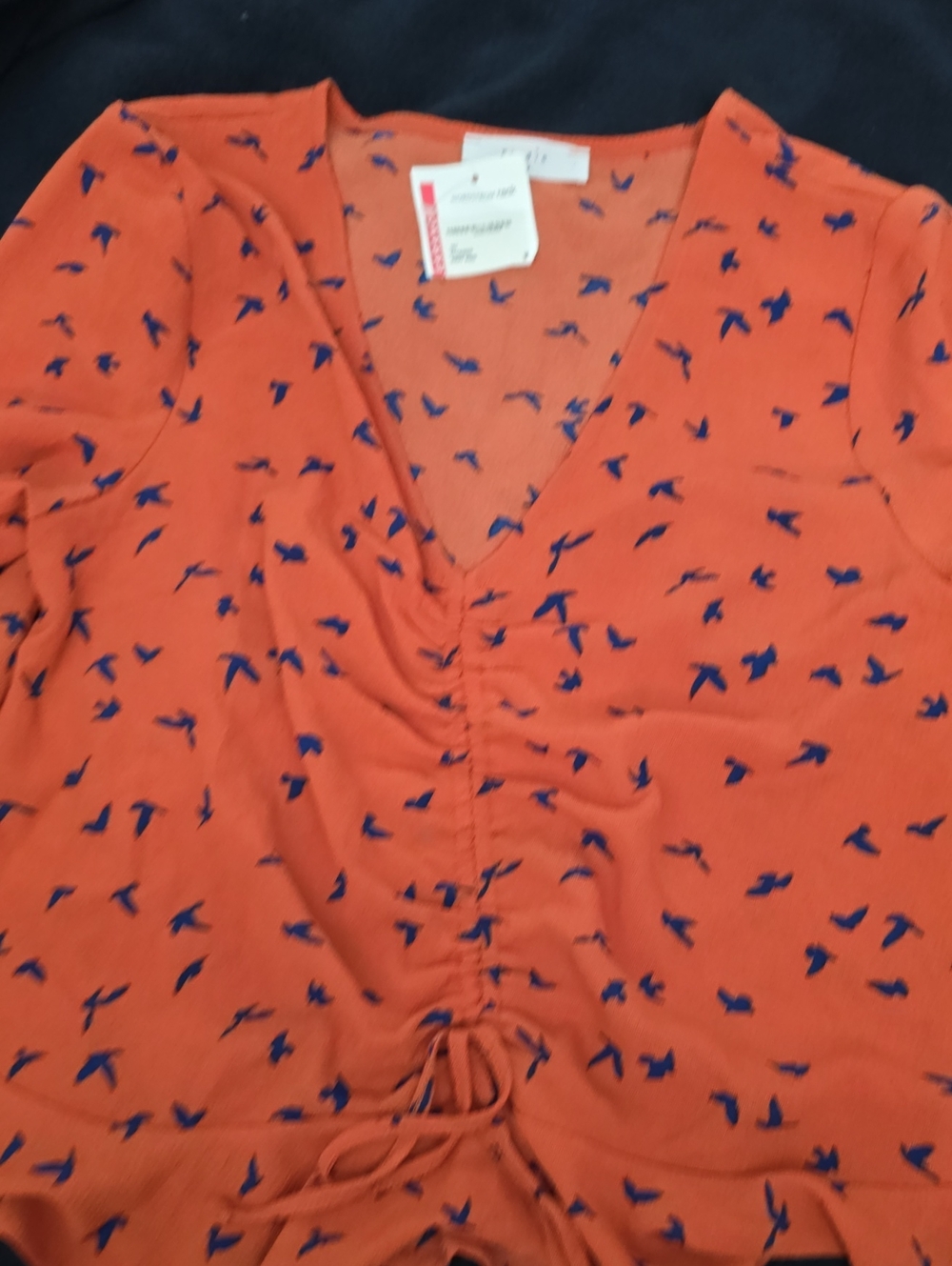 Elodie Orange V-Neck Drawstring Top with Blue Bird Print